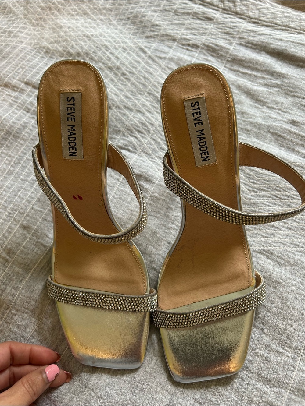 Steve Madden Vacate Silver Rhinestone Stiletto Sandals Square Toe Heels  9.5